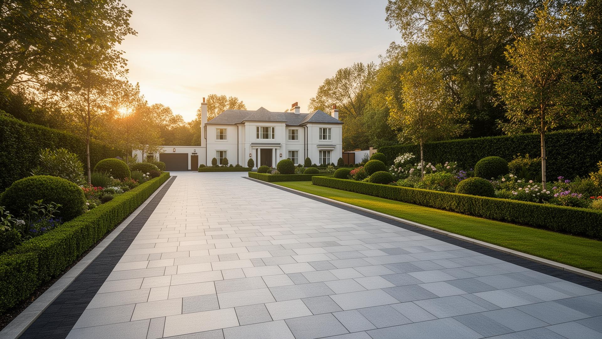 Luxury block-paved driveway leading to an elegant Essex home at golden hour